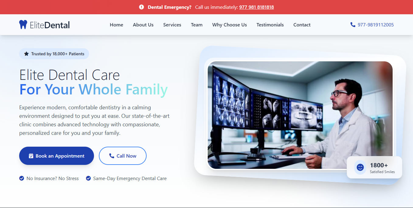 Elite Dental Care Website homepage showing modern dental clinic design